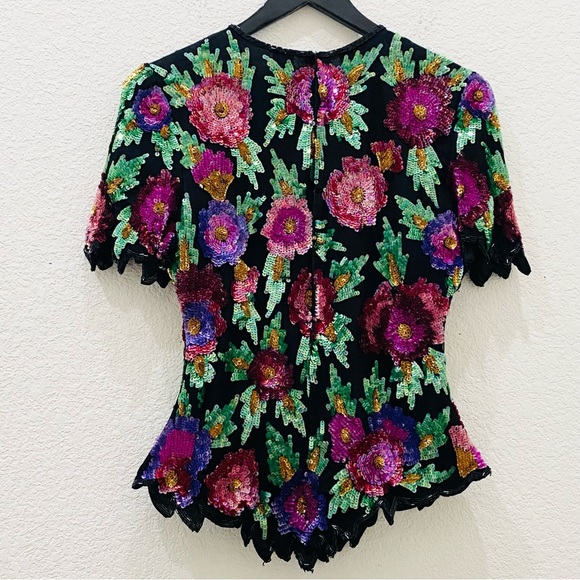 Vintage Laurence Kazar Heavily Beaded Sequin Floral Blouse Size M - Picture 10 of 16